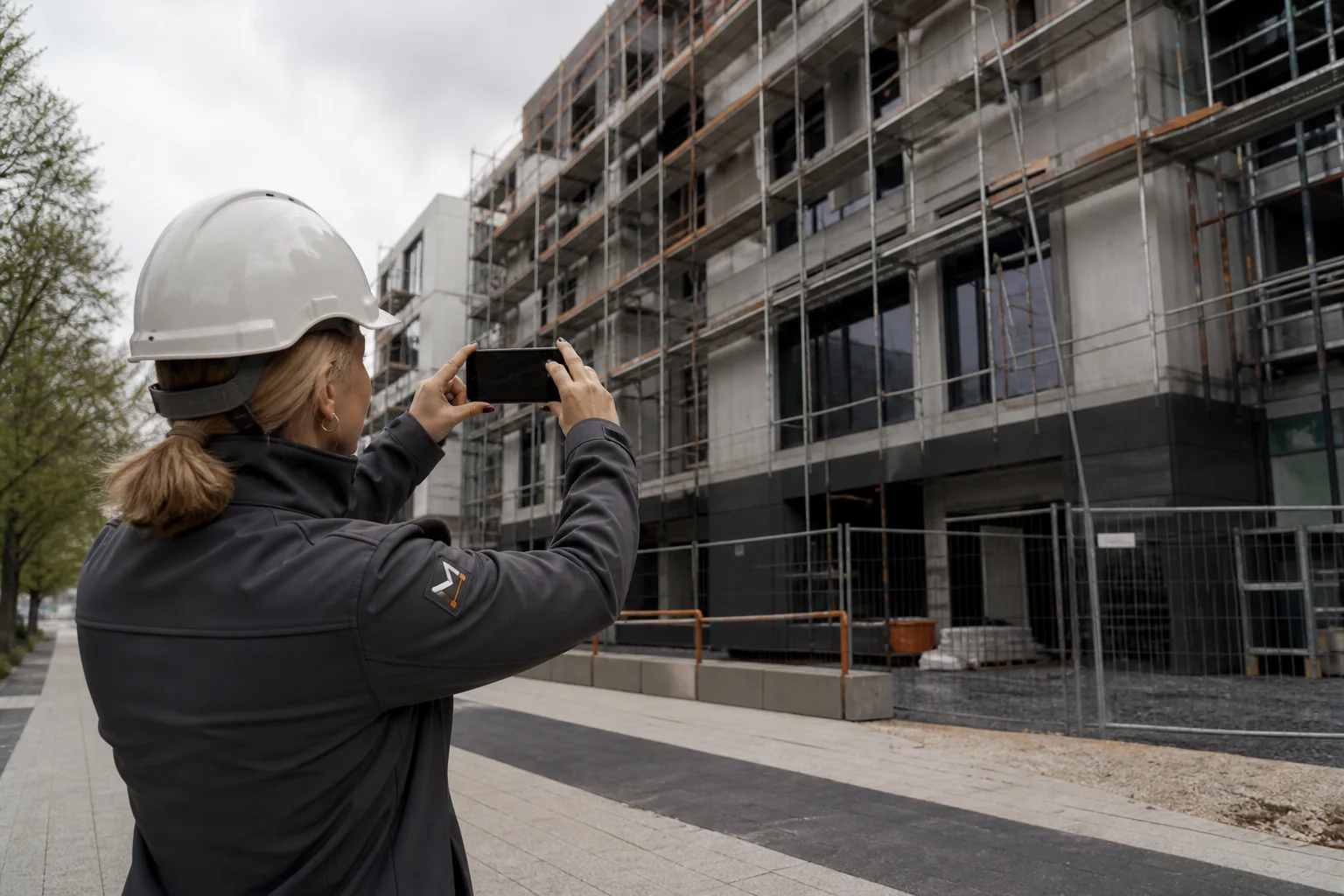 Руководитель фотографирует ход фасадных работ на строительном объекте